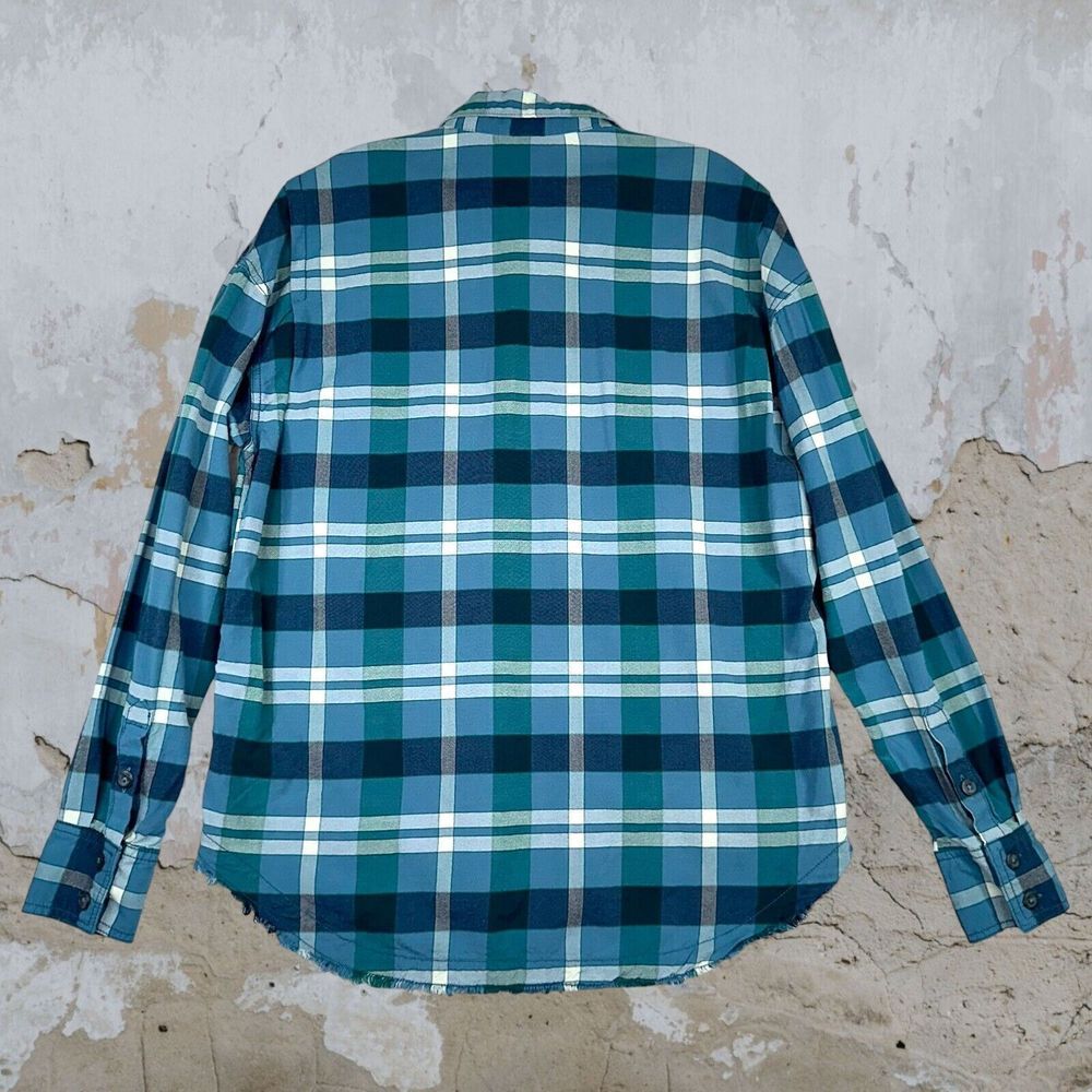 FREE PEOPLE Small Loveland Plaid Button Down Shirt Winter Sea Oversized Fray Hem - Picture 12 of 14